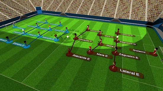 Um campo de futebol cibernético azul com um esquema tático da